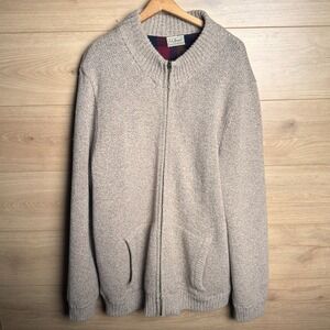 LL Bean Mens‎ Tan Knit Full Zip Sweater Jacket Plaid Lined Size XL